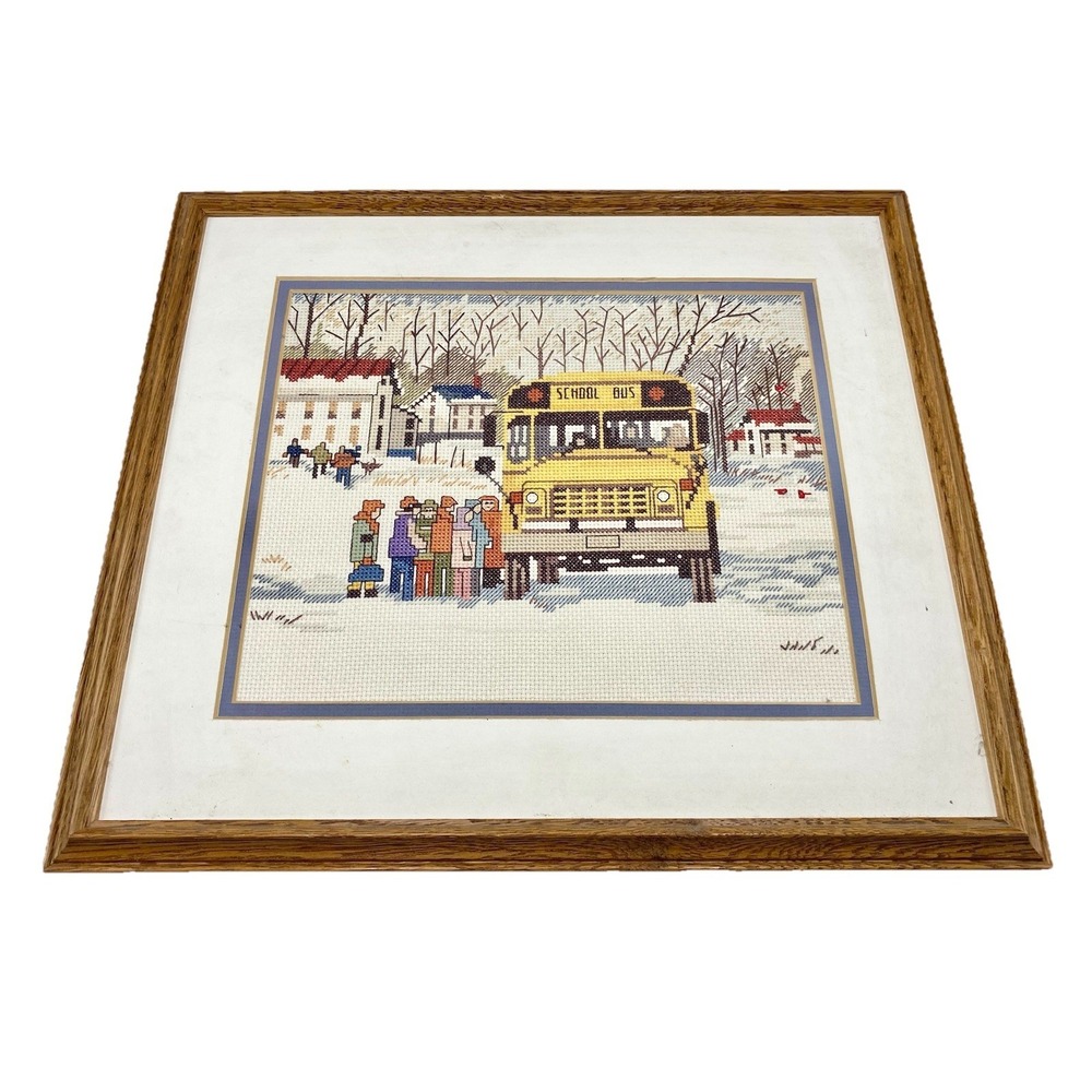 Vintage Needle Treasures SCHOOL BUS Cross Stitch Lu Fuller USA Finished Framed